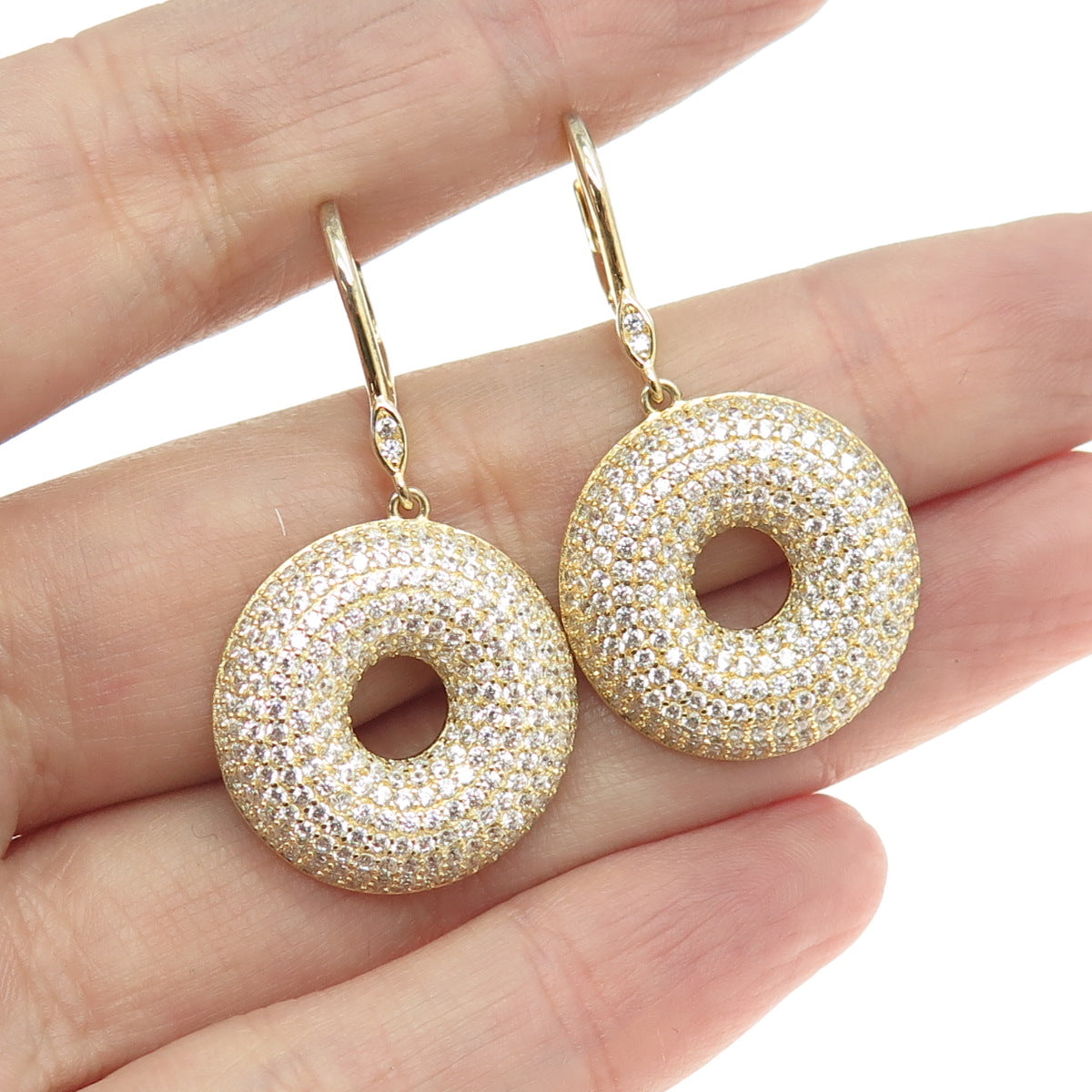 925 Sterling Silver Gold Plated Pave C Z Dangling Earrings