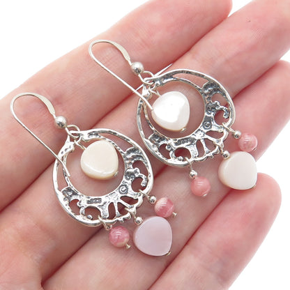 SHUBE 925 Sterling Silver Vintage Real MOP & Rhodochrosite Dangle Earrings