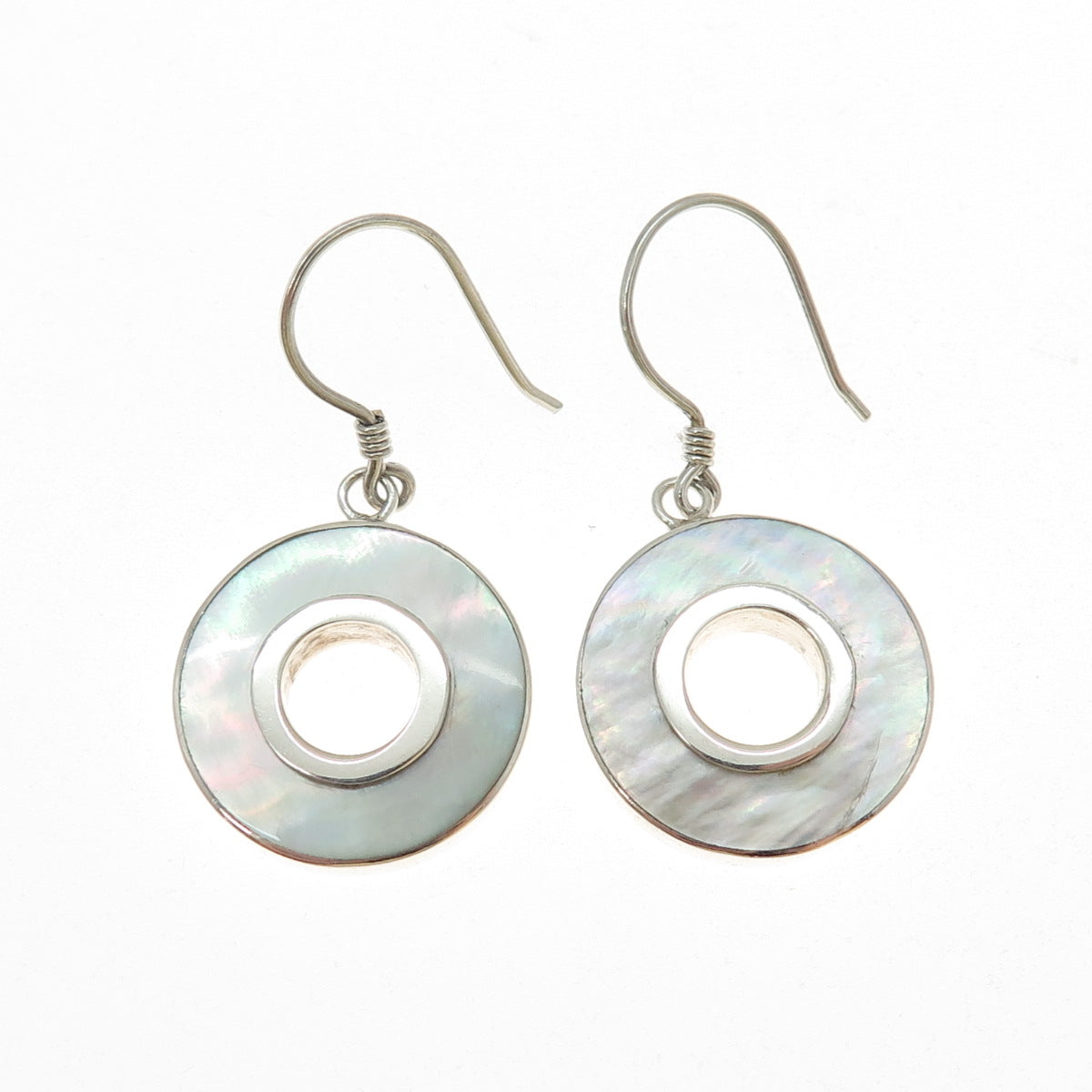 925 Sterling Silver Vintage Real Mother-of-Pearl Disc Dangle Earrings