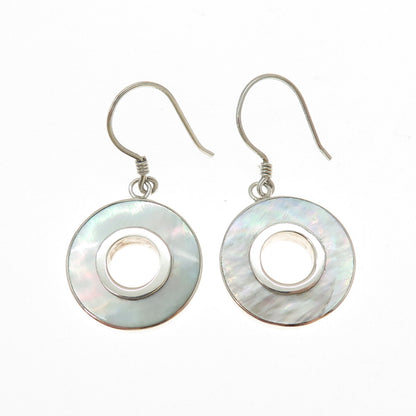 925 Sterling Silver Vintage Real Mother-of-Pearl Disc Dangle Earrings