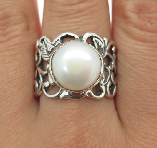 925 Sterling Silver Vintage AS Israel Real Pearl Floral Oxidized Ring Size 10.25