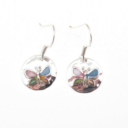 925 Sterling Silver Real Multi-Color MOP Butterfly Disc Dangle Earrings