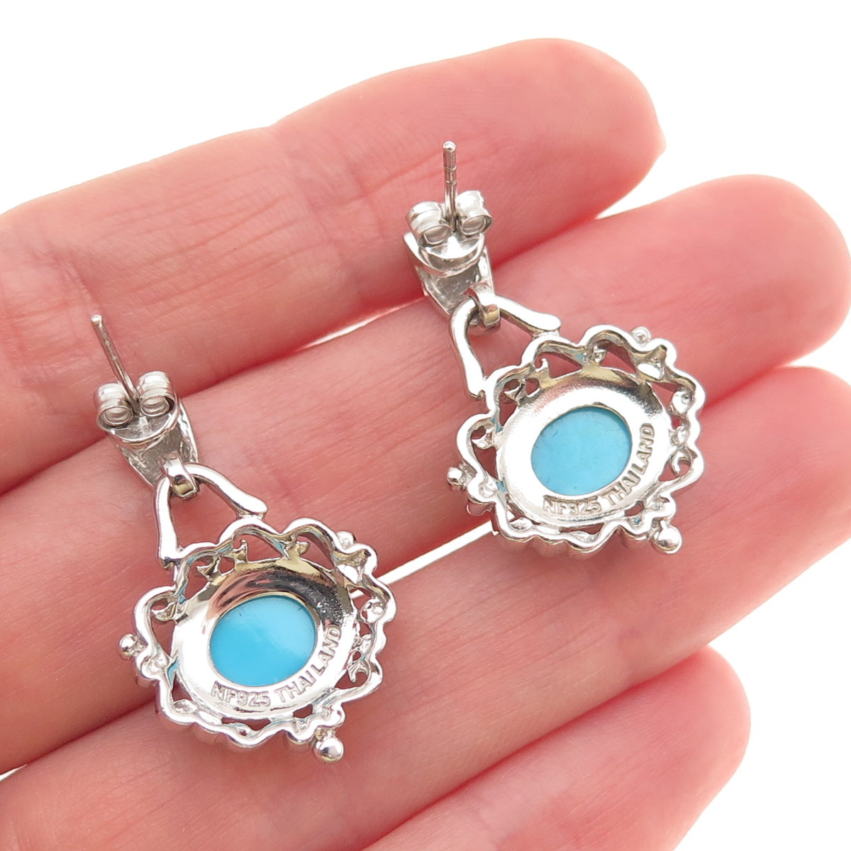 Chapal Zenray 925 Sterling Silver Real Turquoise Ornate Dangle Earrings