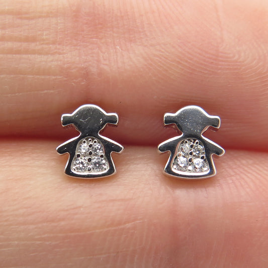 925 Sterling Silver Round-Cut Shaped C Z Little Girl Silhouette Stud Earrings
