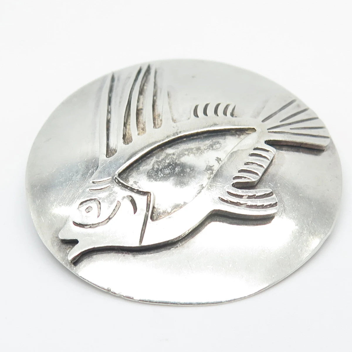 925 Sterling Silver Vintage Mexico A. Garcia Fish Round Pin Brooch