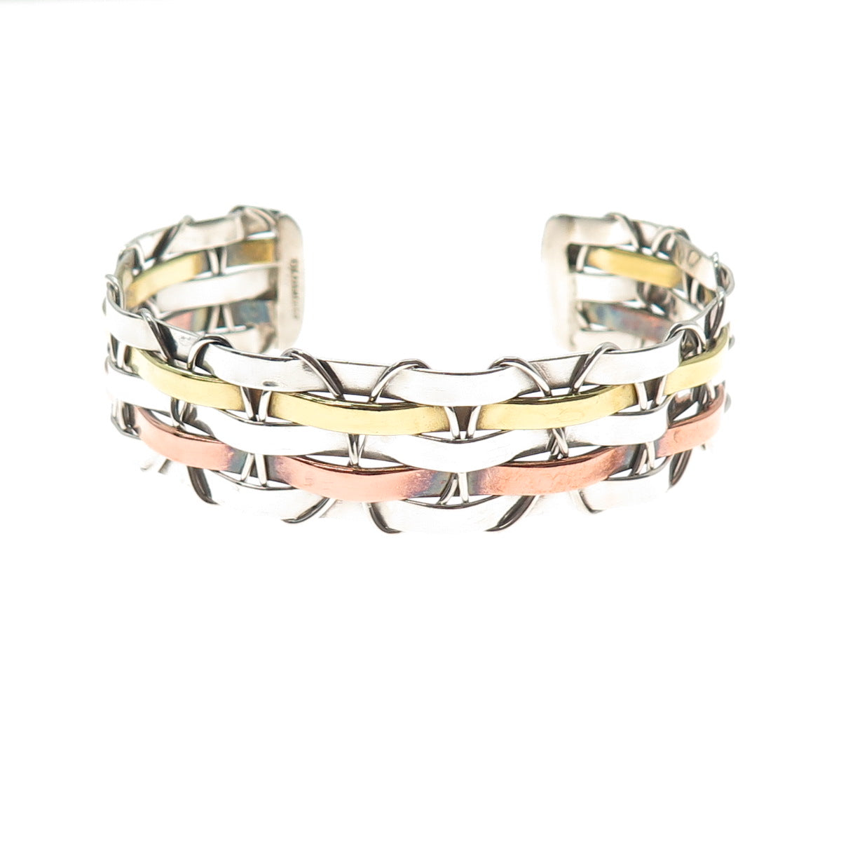 925 Sterling Silver 3-Tone Vintage Mexico Modernist Adjustable Bracelet 6.75"