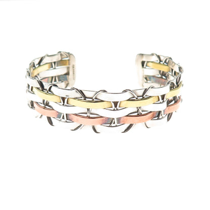925 Sterling Silver 3-Tone Vintage Mexico Modernist Adjustable Bracelet 6.75"