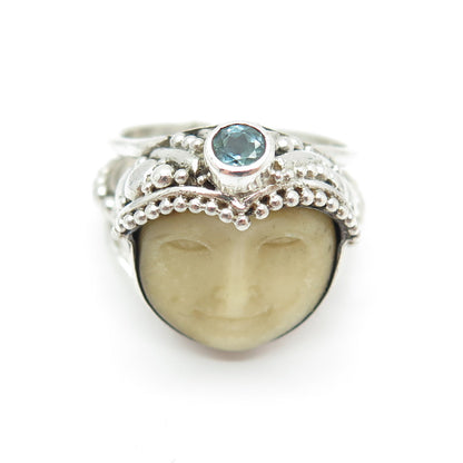 SAJEN Sterling Vintage Real Blue Topaz Carved MOP Moon Adjustable Ring Size 8.5