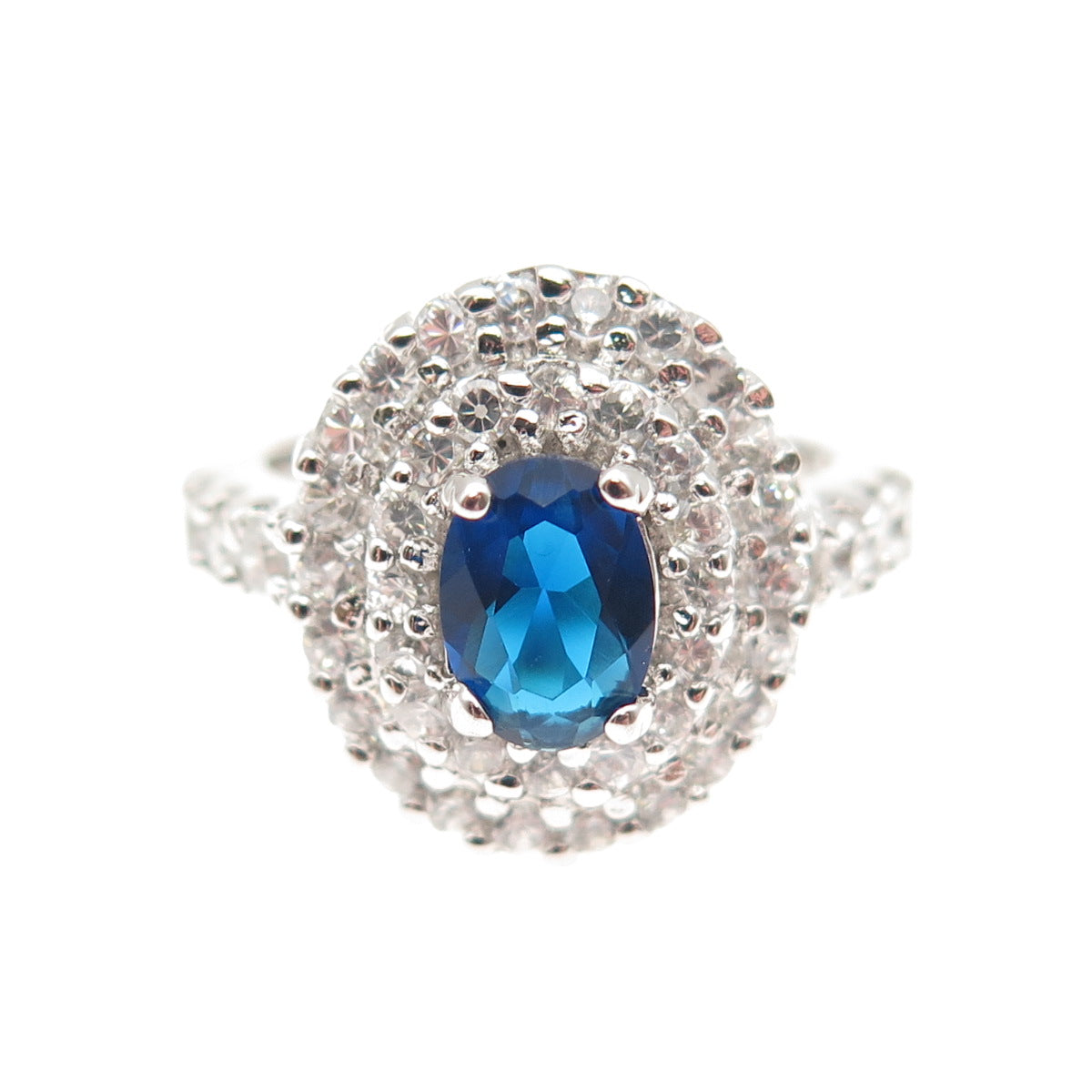 925 Sterling Silver Oval-Cut Blue & Round-Cut White C Z Ring Size 6