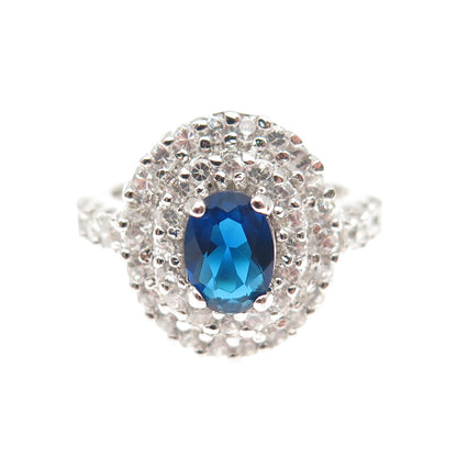 925 Sterling Silver Oval-Cut Blue & Round-Cut White C Z Ring Size 6