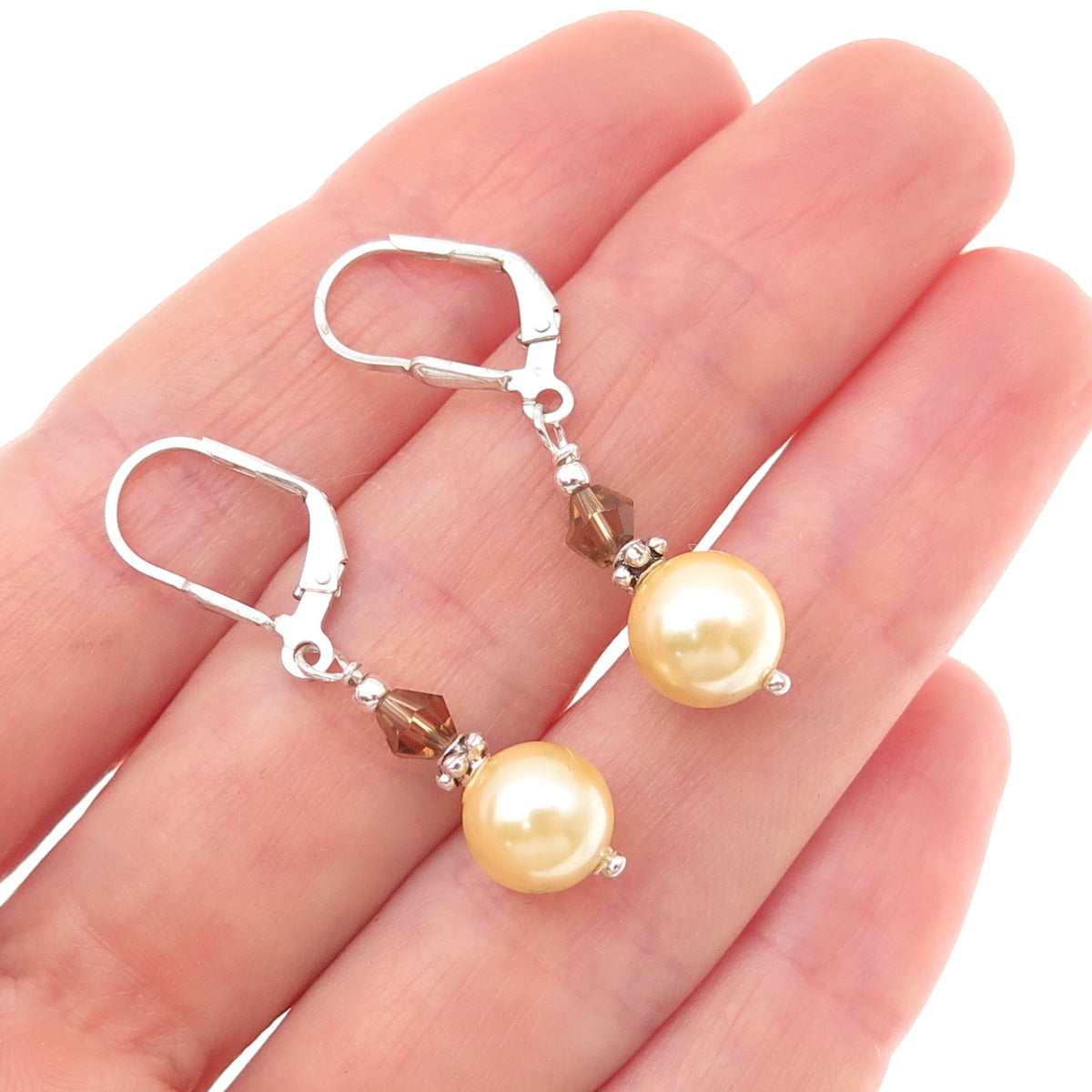 925 Sterling Silver Vintage Faux Pear & Smoky Crystal Dangle Earrings