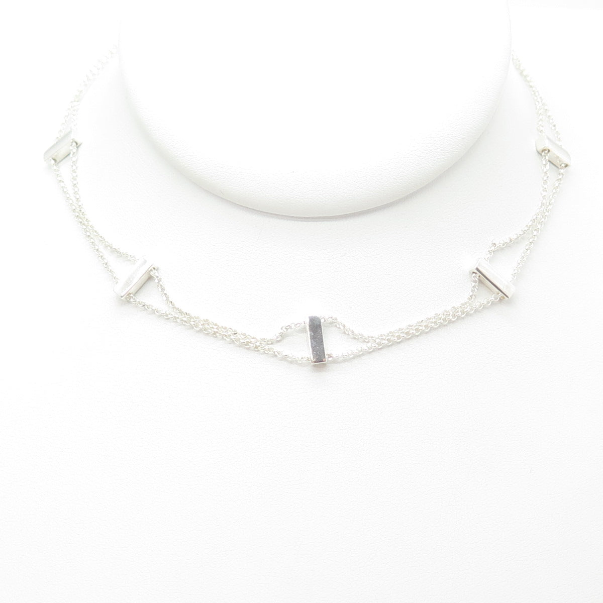 925 Sterling Silver Italy Station Bar Rolo Double Chain Chocker Necklace 12-16"