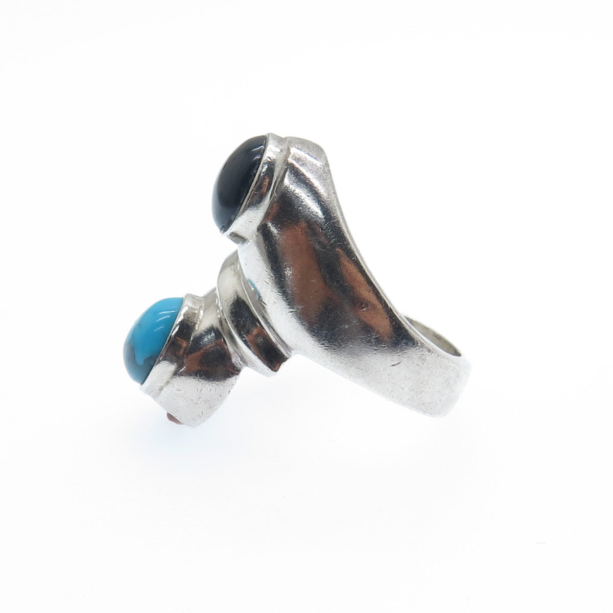 925 Sterling Silver Vintage Mexico Real Turquoise & Black Onyx Ring Size 7.5