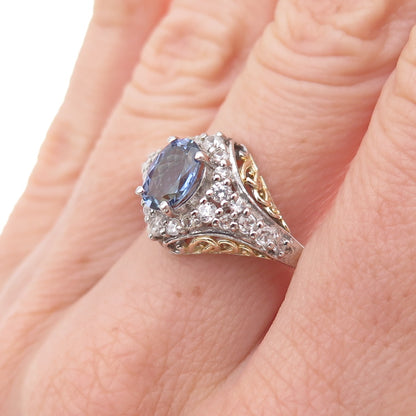 Chuck Clemency 925 Sterling 2-Tone Real Tanzanite & White Topaz Ring Size 8.25