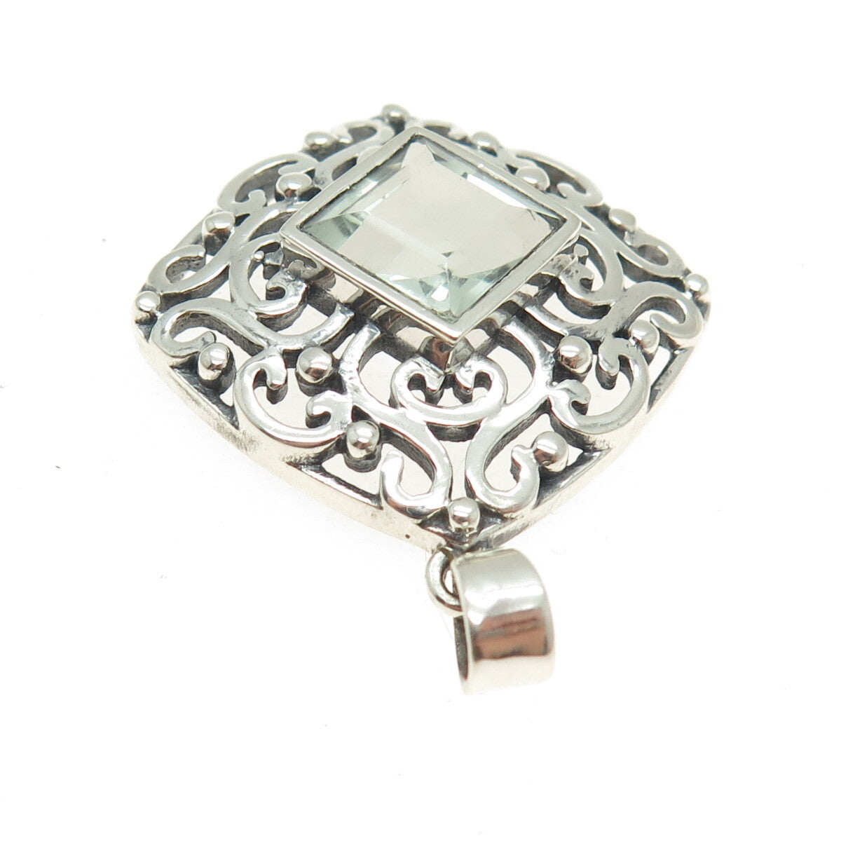 925 Sterling Silver Vintage Real Green Amethyst Swirl Cushion Pendant