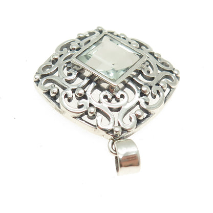 925 Sterling Silver Vintage Real Green Amethyst Swirl Cushion Pendant