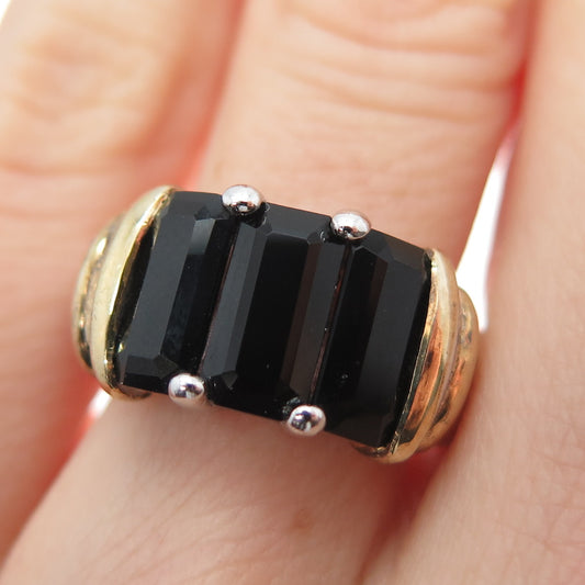 CNA PRANDA 925 Sterling Silver 2-Tone Vintage Real Black Onyx Ring Size 7.25