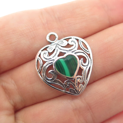 925 Sterling Silver Vintage Real Malachite Floral Heart Charm Pendant