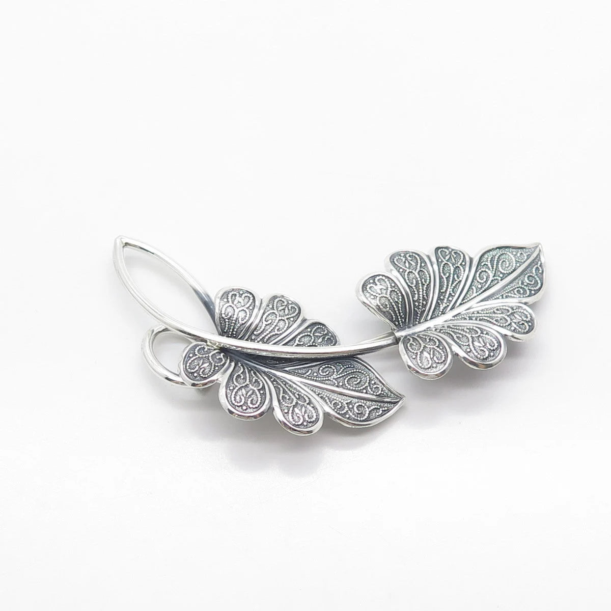 925 Sterling Silver Vintage Beau Double Leaf Large Pin Brooch