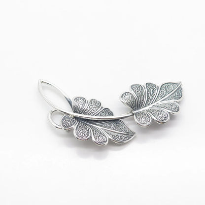 925 Sterling Silver Vintage Beau Double Leaf Large Pin Brooch