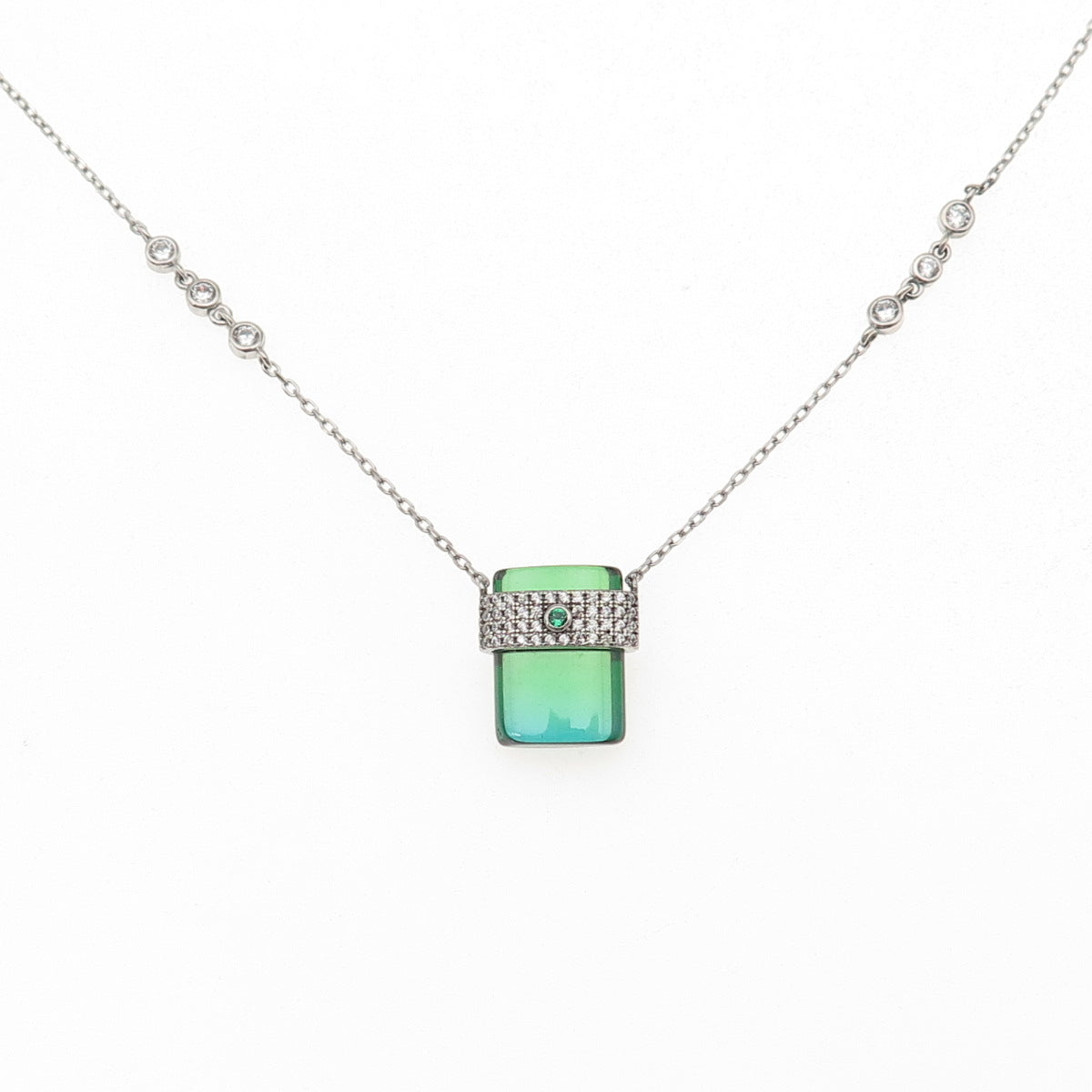 925 Sterling Silver Green & White C Z Cable Chain Necklace 16-18"