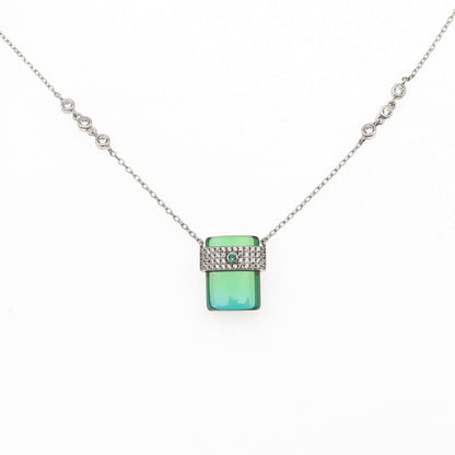 925 Sterling Silver Green & White C Z Cable Chain Necklace 16-18"