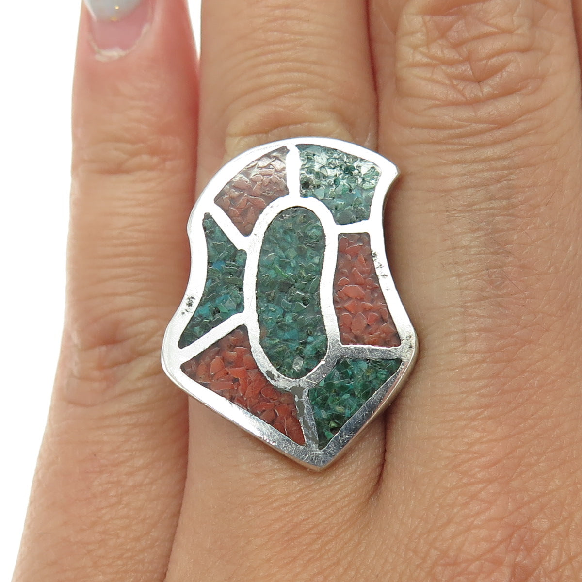 Old Pawn 925 Sterling Silver Southwestern Turquoise & Coral Inlay Ring Size 6.75