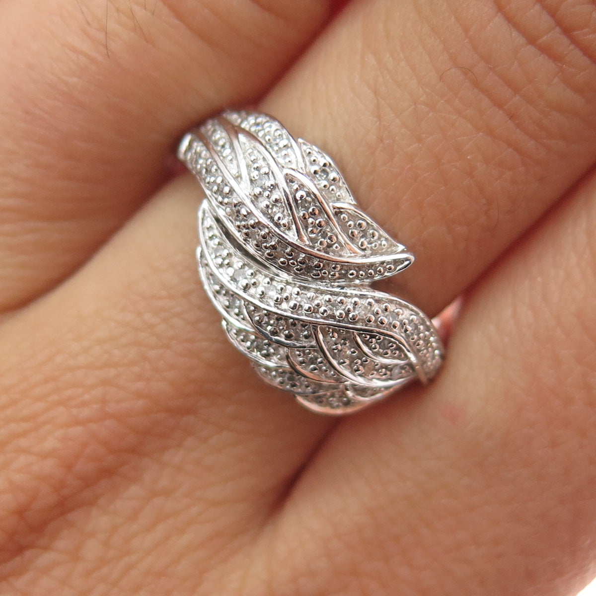 925 Sterling Silver Real Round-Cut Diamond Angel Wings Ring Size 7.25