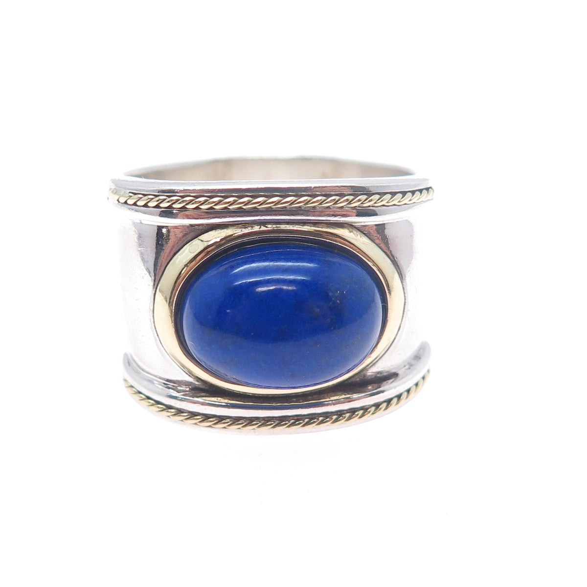 18K Gold 925 Sterling Silver Vintage Real Lapis Lazuli Modernist Ring Size 11.5