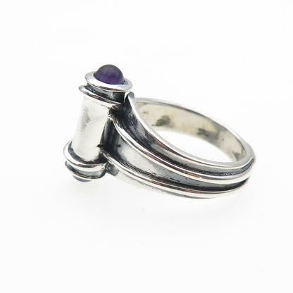 925 Sterling Silver Vintage SMS Amethyst Modernist Scroll Oxidized Ring Size 7