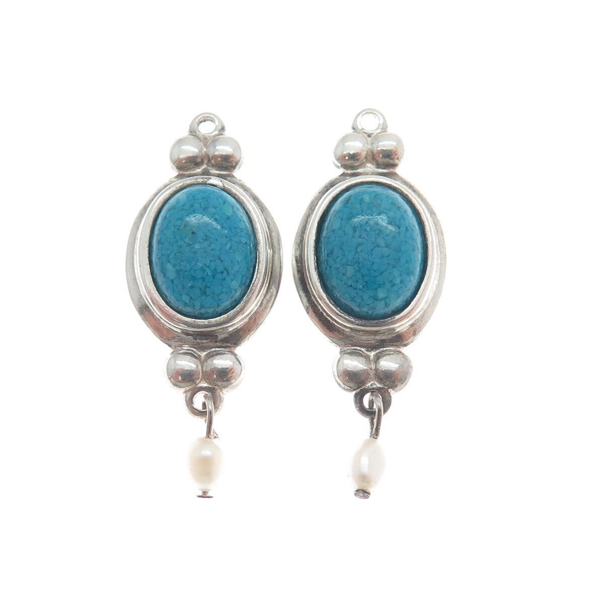 COLEMAN CO. 925 Sterling Silver Vintage Turquoise Gem & Pearl Jacket Earrings