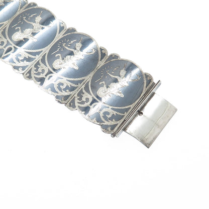 925 Sterling Silver Antique Siam Niello Hindu Goddess Panel Link Bracelet 7.25"