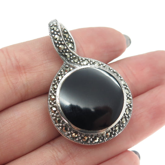 925 Sterling Silver Vintage MOP Black Onyx & Marcasite Gem Reversible Pendant