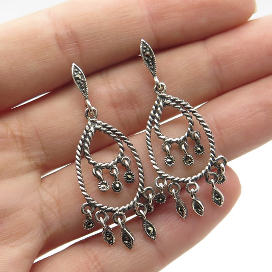 925 Sterling Silver Vintage Real Marcasite Chandelier Earrings