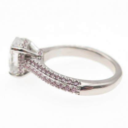 DSMK 925 Sterling Silver White Oval & Pink Round-Cut C Z Engagement Ring Size 7