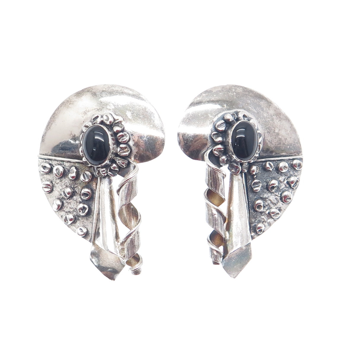 925 Sterling Silver Vintage Real Black Onyx Gemstone Modernist Oxidized Earrings