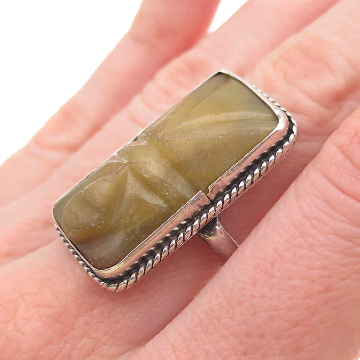 925 Sterling Silver Vintage Real Jade Carved Aztec God Face Ring Size 6.5