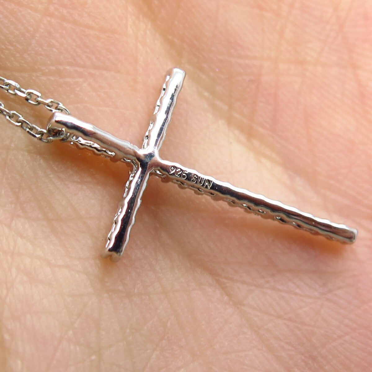 925 Sterling Silver Italy SUN White Diamond Cross Rolo Chain Necklace 16"
