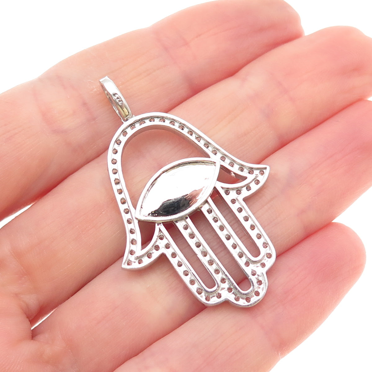 925 Sterling Silver Real MOP Turquoise Black Onyx & C Z Hamsa Amulet Pendant
