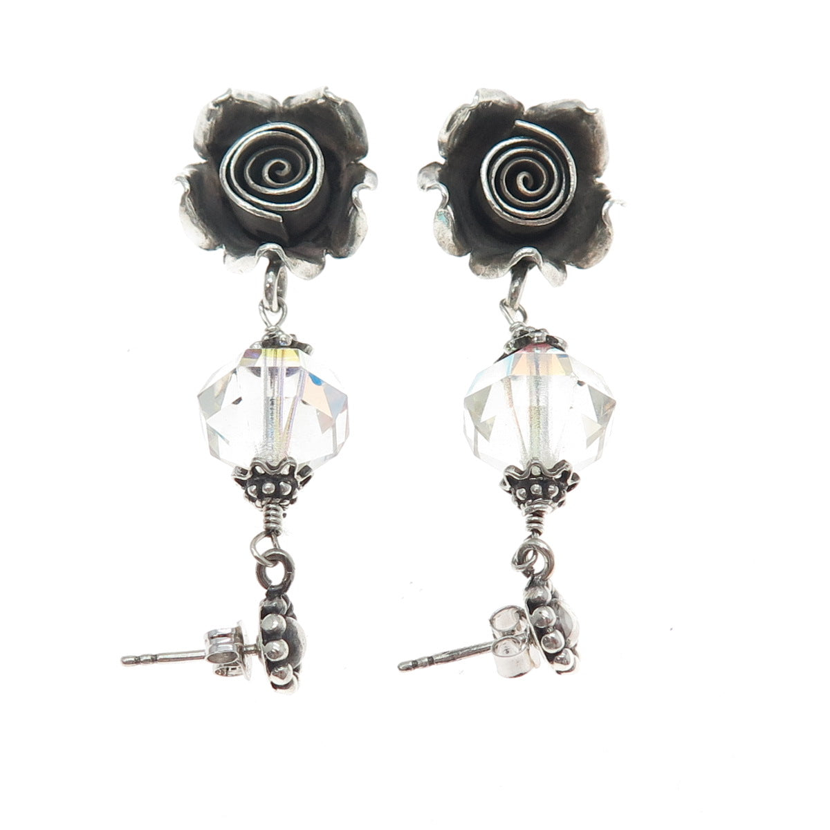 DOUG PAULUS Sterling Silver Vintage Crystal Rose Flower Oxidized Dangle Earrings