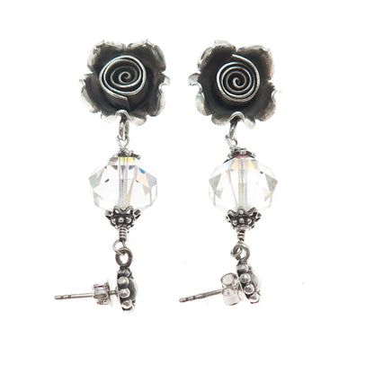 DOUG PAULUS Sterling Silver Vintage Crystal Rose Flower Oxidized Dangle Earrings