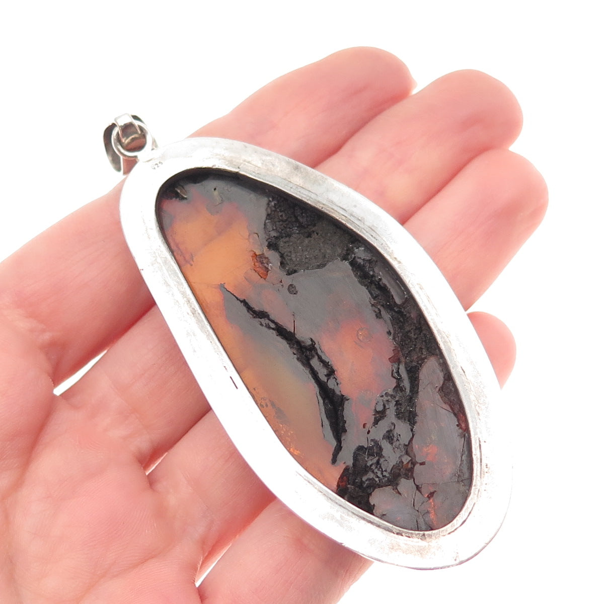 925 Sterling Silver Vintage Real Amber Modernist Pendant