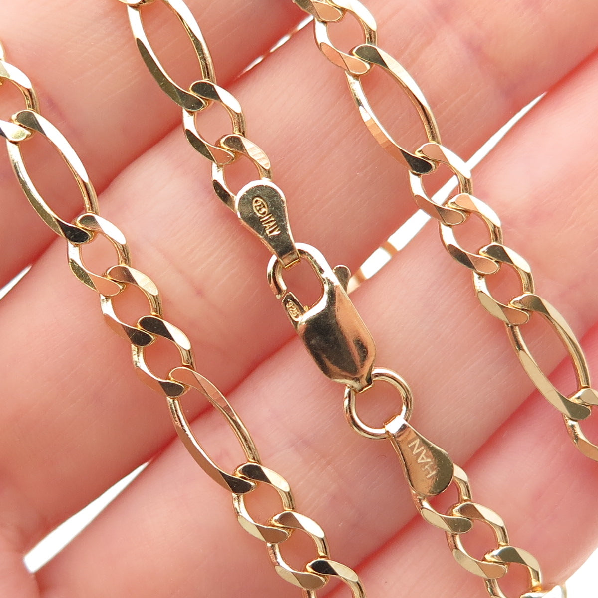 Han 925 Sterling Silver Gold Plated Vintage Italy Figaro Chain Necklace 18"