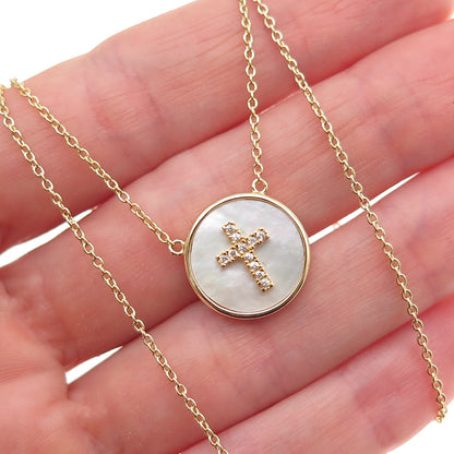 Han 925 Sterling Silver Gold Plated Real MOP & C Z Cable Chain Necklace 16-18"