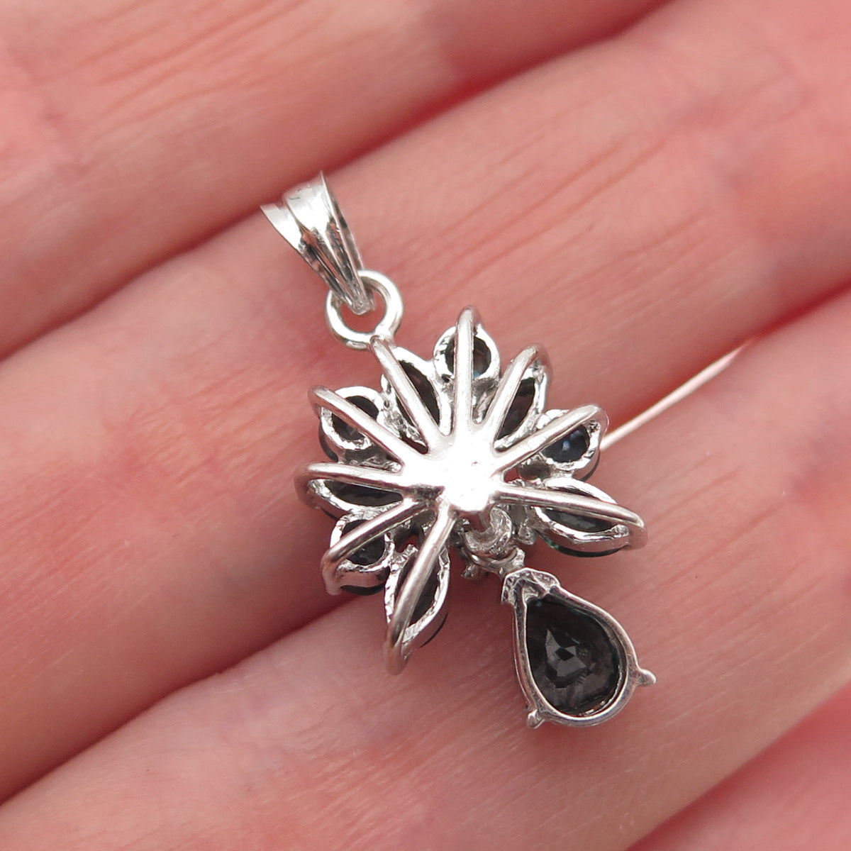 925 Sterling Silver Vintage Real Multi-Cut Sapphire Cluster Charm Pendant