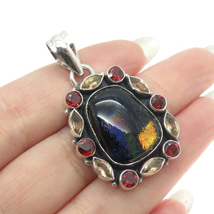 925 Sterling Silver Vintage Dichroic Glass Citrine Red Garnet Modernist Pendant