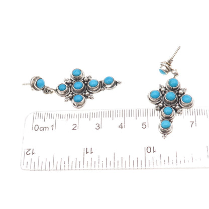 925 Sterling Silver Vintage Real Turquoise Cross Oxidized Dangle Earrings