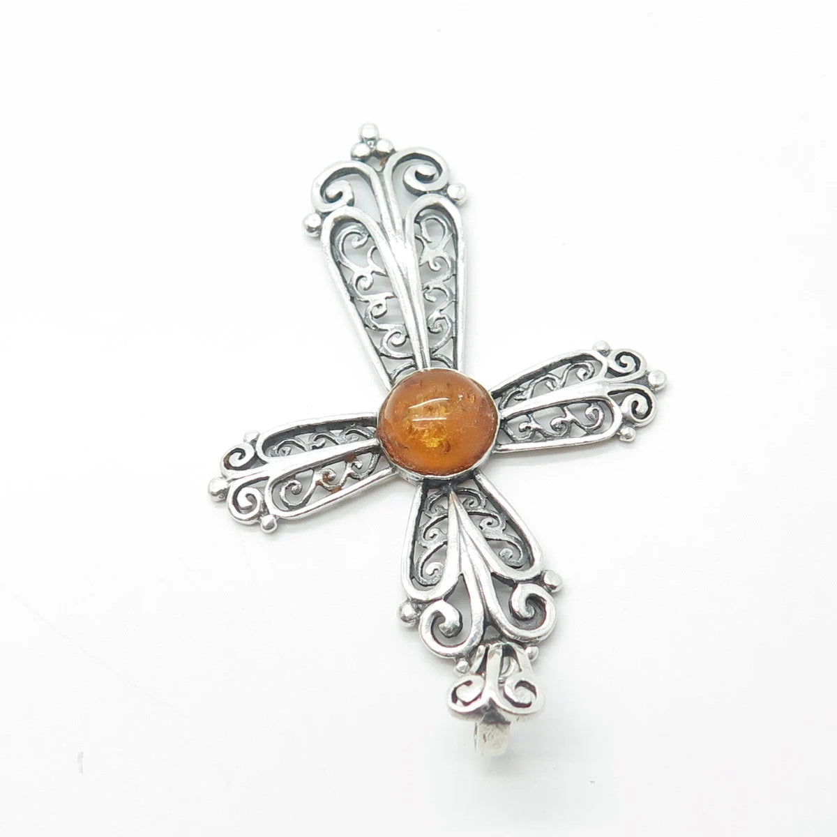 925 Sterling Silver Vintage Real Amber Filigree Religious Pendant