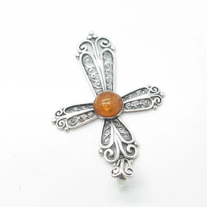 925 Sterling Silver Vintage Real Amber Filigree Religious Pendant