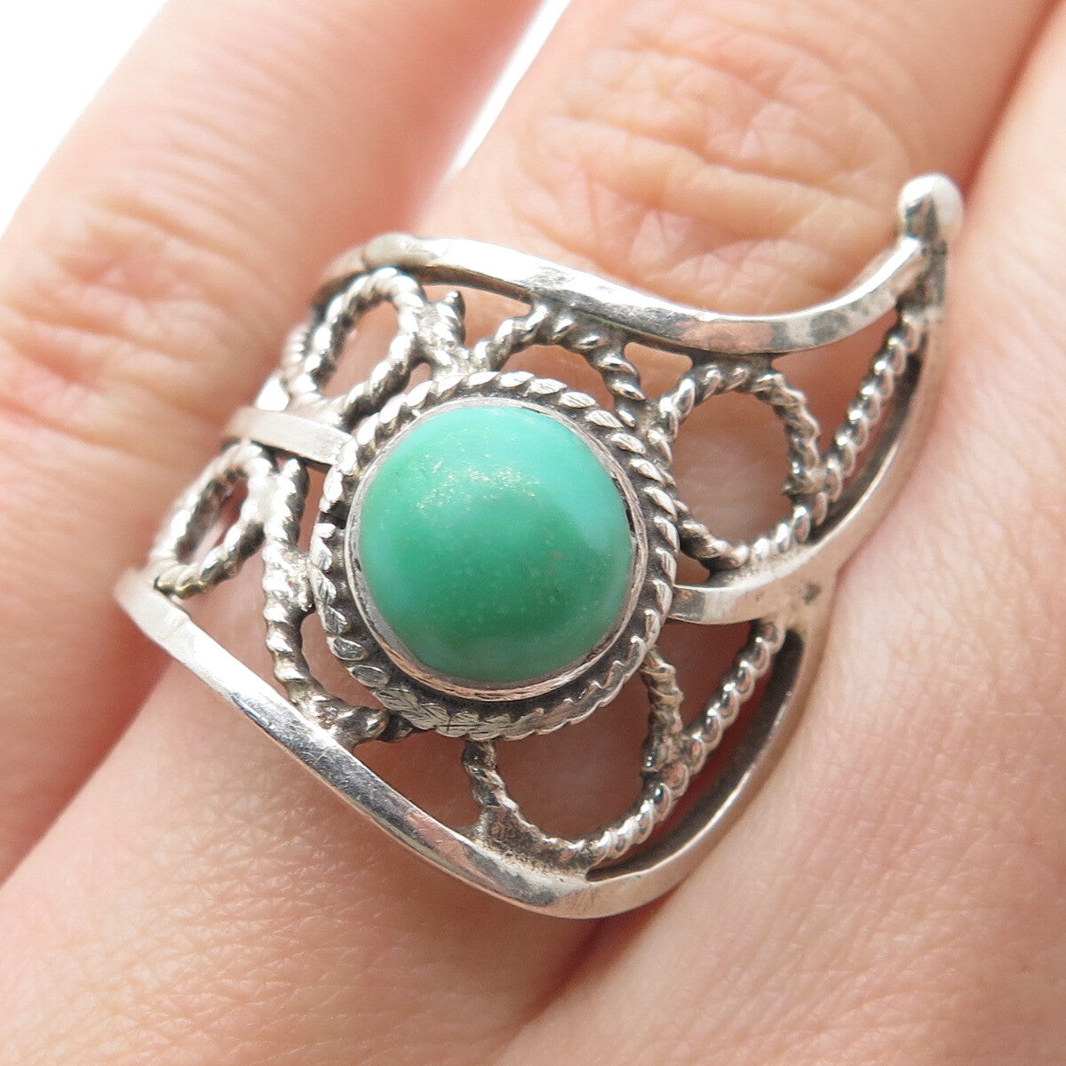 925 Sterling Silver Vintage Real Royston Turquoise Modernist Ring Size 7.5